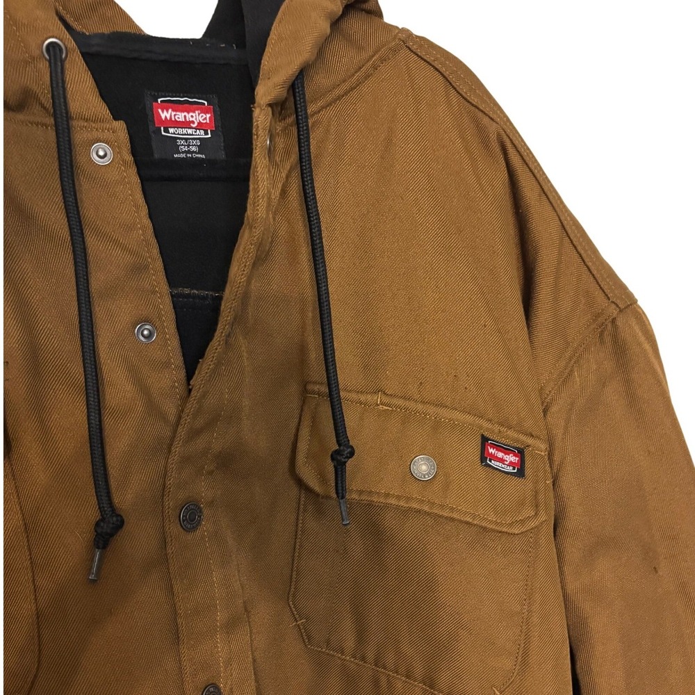 Wrangler Workwear Mens 3XL Brown Canvas Fleece Lined Hooded Shirt Jacket Shacket